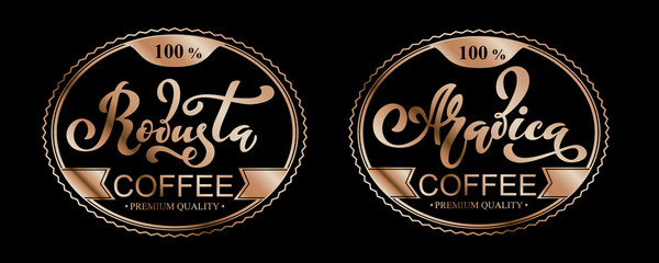 Arabica and robusta coffee logo. Vector illustration of handwritten lettering. Vector elements for packaging, coffee labels, market, cafe design, restaurant menu and store.