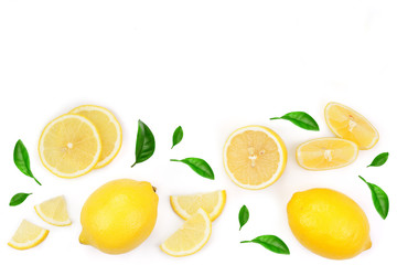 Obraz na płótnie Canvas lemon and slices with leaf isolated on white background with copy space for your text. Flat lay, top view