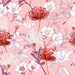 Fleurs de jardin en fleurs botaniques douces dessin au trait inachevé dessin vectoriel sans couture pour la mode, le tissu, le papier peint et toutes les impressions