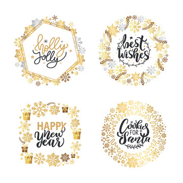 Holly Jolly, Merry Christmas, New Year, Happy Holidays And Warm Wishes, Cookies For Santa Lettering Text, Xmas Greeting Cards With Ornamental Golden Frames On White Background