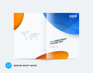 Abstract design bifold brochure in modern style, double-page modern catalog, flyer cover in A4 with colourful soft shapes for branding. Business vector spread cover.