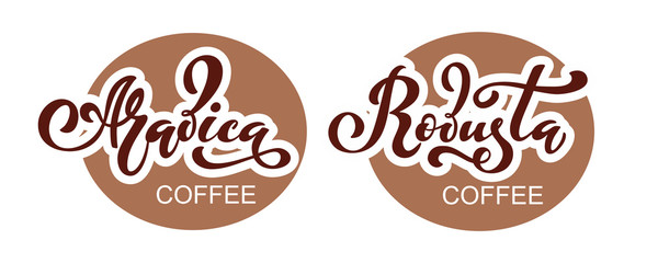 Fototapeta na wymiar Arabica and robusta coffee logo. Vector illustration of handwritten lettering. Vector elements for packaging, coffee labels, market, cafe design, restaurant menu and store.