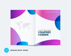 Abstract design bifold brochure in modern style, double-page modern catalog, flyer cover in A4 with colourful soft shapes for branding. Business vector spread cover.