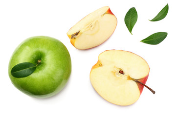 green and red apples with slices isolated on white background. top view