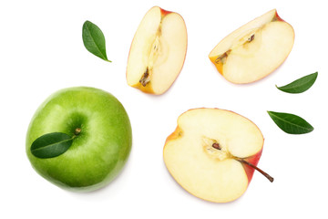 green and red apples with slices isolated on white background. top view
