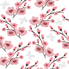 Flowers flat design, seamless pattern, floral background, hand drawn, abstract, vector 