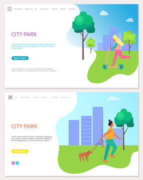 City park web poster with woman riding on roller and walking with pet on background of buildings. Leisure, outdoor activities landing pages samples, vector