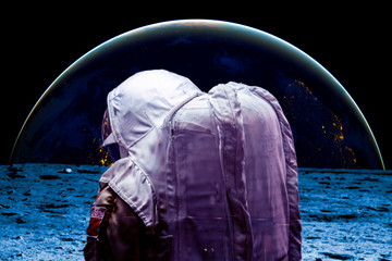 astronaut on the moon surface next to the cosmic station b. Elements of this image furnished by nasa