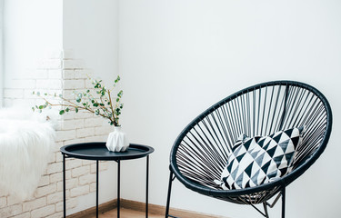 Minimalist Scandinavian home interior, coffee table arrangement in white room