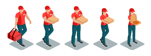 Set of isometric pizza delivery men and women face forward. Couriers go or stand with a pizza box in their hands. Isometric collection isolated on the white background. Vector illustration.
