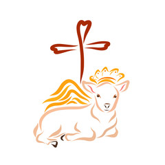Winged lamb in a crown and a cross with a heart