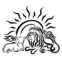 Winged lion and winged lamb, and the shining sun behind them