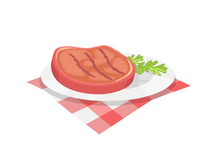 BBQ beefsteak meal on plate with herb. Condiment of beef roasted meat barbeque food served with branch of plant. Barbecue dish isolated icon vector