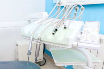 Instruments for drilling teeth in dental ordination. Stomatological instruments in dentist clinic. Teeth care concept.
