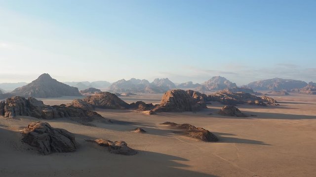 Landscape of Wadi Rum at sunrise, aerial view from a balloon, Aqaba Governorate, Jordan