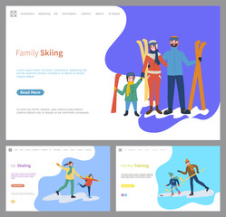 Family skiing and skating together, wintertime of people vector. Mother and father, daughter daddy with son hockey training with wooden sticks, game