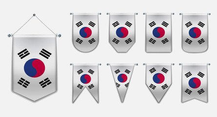 Set of hanging flags of the SOUTH KOREA with textile texture.Diversity shapes of the national flag country.Vertical Template Pennant for background, banner, web site, logo,award, achievement, festival