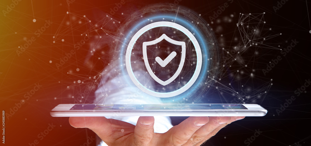 Poster man holding a shield web security concept 3d rendering