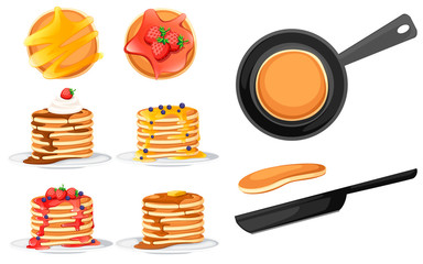 Set of four pancakes with different toppings. Pancakes on white plate. Baking with syrup or honey. Breakfast concept. Fluffy pancake in frying pan. Flat vector illustration on white background