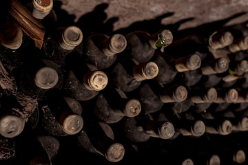 Old and expensive wine bottles aging in an underground wine cellar
