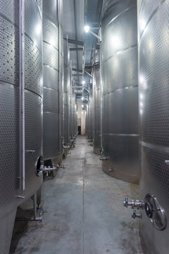 Modern winemaking tanks in a winery