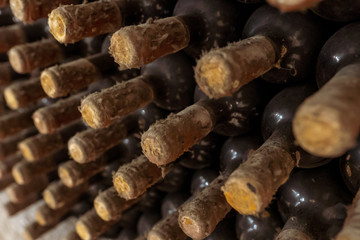 Closeup of a rack with old wine bottles covered in dust and cobweb in a winecellar in France