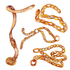 Obraz premium Golden chain and leather belt fashion glamour illustration in a watercolor style background. Isolated belt element.