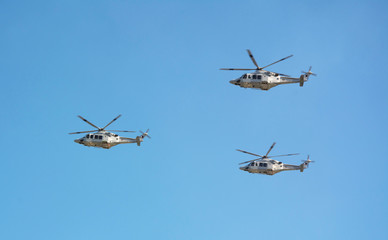 Fototapeta na wymiar Medium-lift helicopters AW139 at the parade
