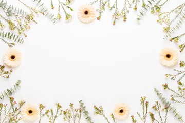 Fototapete Gerbera Frühlingsgrußkarte, pastellfarbene Gerberablumen auf dem weißen Hintergrund.