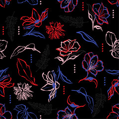 Hand brush strokes line of dark garden flowers and brush strokes. Vector seamless pattern illustration design for fshion,fabric ,and all prints