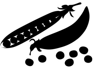 Black silhouette of green peas. Pods of green peas with leaves. Set with whole and open peas in pods. Flat vector illustration isolated on white background. Cartoon style vegetable