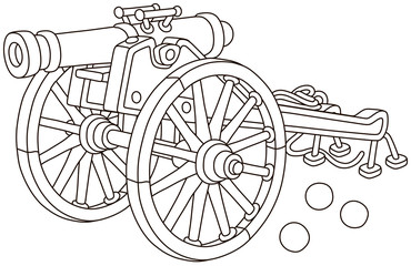 Fototapeta premium Old pirate gun with cast-iron cannonballs and big wooden wheels, black and white vector illustration in a cartoon style for a coloring book