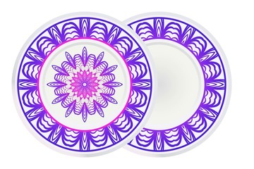 Set of 2 matching decorative plates for interior design with mandala floral ornament. Empty dish, porcelain plate mock up design. Vector illustration. Purple gradient color