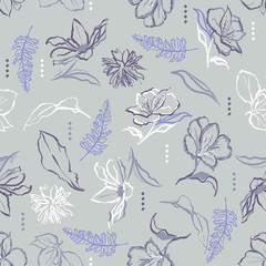 Beautiful hand drawn flowers and brush strokes. Vector seamless pattern illustration design for fshion,fabric ,and all prints on monotone