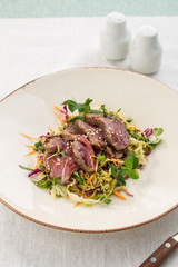 meat salad with roast beef, greens and sesame seeds asian style served on the table