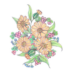 A bouquet of orange flowers with berries sprigs made with colored pencils