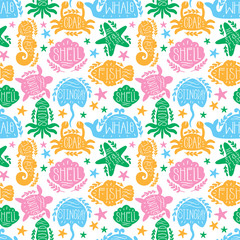 Sea animals vector seamless pattern text lettering. Ocean shape fish,octopus,crab,turtle,starfish,seahorse,jellfish,stingray,shell,whale.