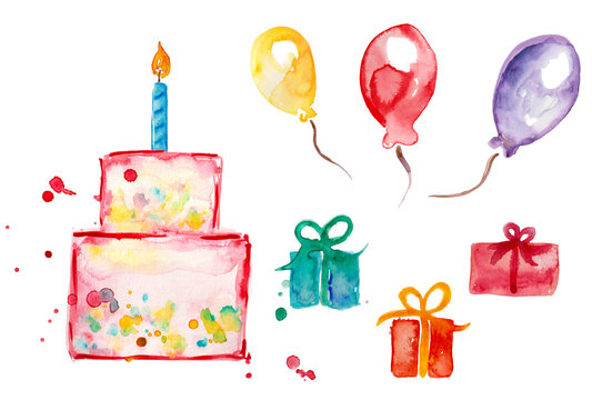 Happy Birthday set watercolor birthday cake, gift balloon, gifts, cake