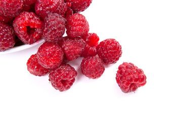 Harvested juicy ripe raspberries fruit on white background..