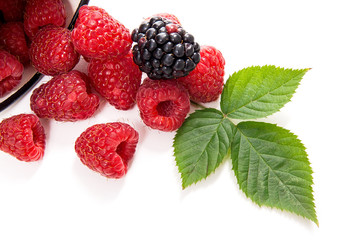 White cup with ripe raspberries with green leaf and one blackberry isolated on white background.