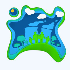 Family on the background of green trees and smoking chimneys. Modern origami style. Raster illustration