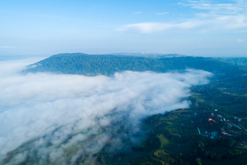 High angle view of fog in the morning at Khao Kho Phetchabun Thailand Aerial view Drone flying shot