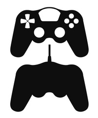 Black silhouette. Wired and wireless game pad. Black video game controller. Gamepad for PC or Console gaming. Flat vector illustration isolated on white background