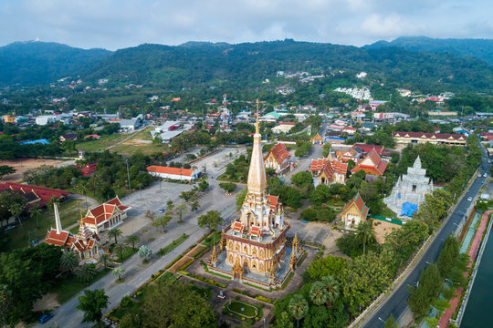Aerial view drone shot of wat chalong temple or Wat Chaithararam in phuket thailand