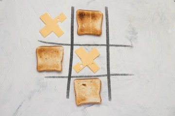 Noughts and Crosses, Choice, Game Competition of Crosses from Cheese and Square Toasted Toast White...