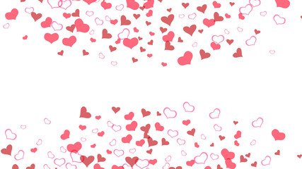 Fototapeta na wymiar Red hearts of confetti are flying. A sample of wallpaper design, textiles, packaging, printing, holiday invitation for Valentine's Day. Romantic background. Red on White background Vector.