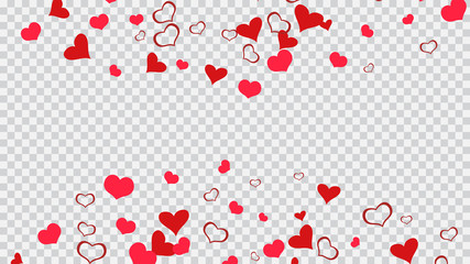 Red hearts of confetti are falling. Happy background. Part of the design of wallpaper, textiles, packaging, printing, holiday invitation for wedding. Red on Transparent background Vector.