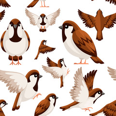 Seamless pattern. Colorful Icon set of Sparrow bird. Flat cartoon character design. Bird icon in different side of view. Cute sparrow for world sparrow day. Vector illustration on white background