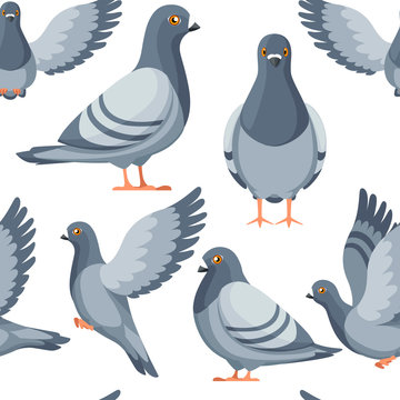 Seamless pattern. Colorful Icon set of Pigeon bird flying and sitting. Flat cartoon character design. Colorful bird icon. Cute pigeon template. Vector illustration on white background