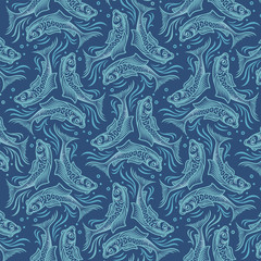 Three fish on a blue background, Koi Fish, Carp, illustration, vector